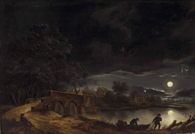 Full Moon over Village by the River with Bridge and Figures by Adolph Friedrich Vollmer